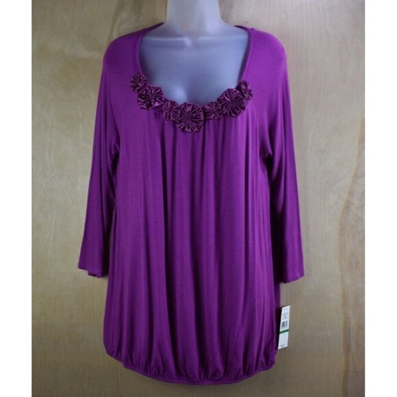 John Paul Richard Womens Haute Purple Top Flowers 3/4 Sleeve Blouse Size L NWT - Picture 1 of 7
